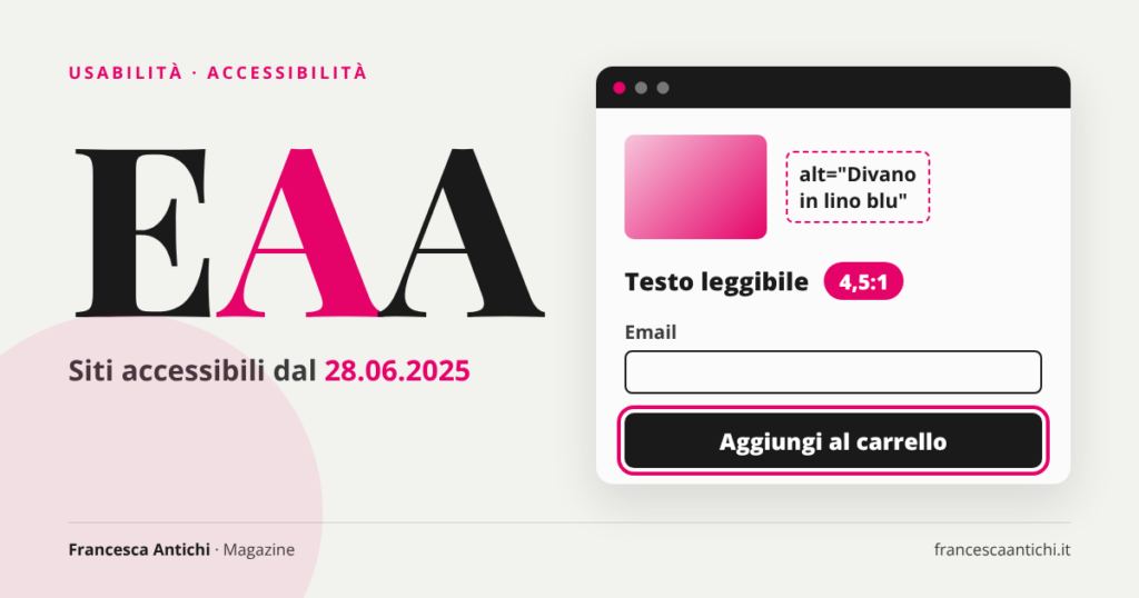 Copertina: EAA, siti accessibili dal 28 giugno 2025, con mockup di una pagina web accessibile