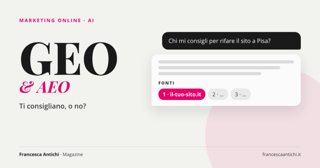 Schema di una chat con un'intelligenza artificiale che cita il tuo sito come prima fonte, con la scritta GEO e AEO