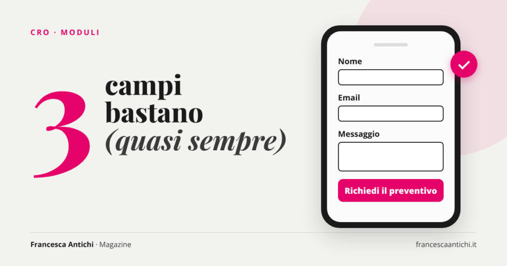 Copertina: 3 campi bastano quasi sempre, con mockup di un modulo contatti su smartphone